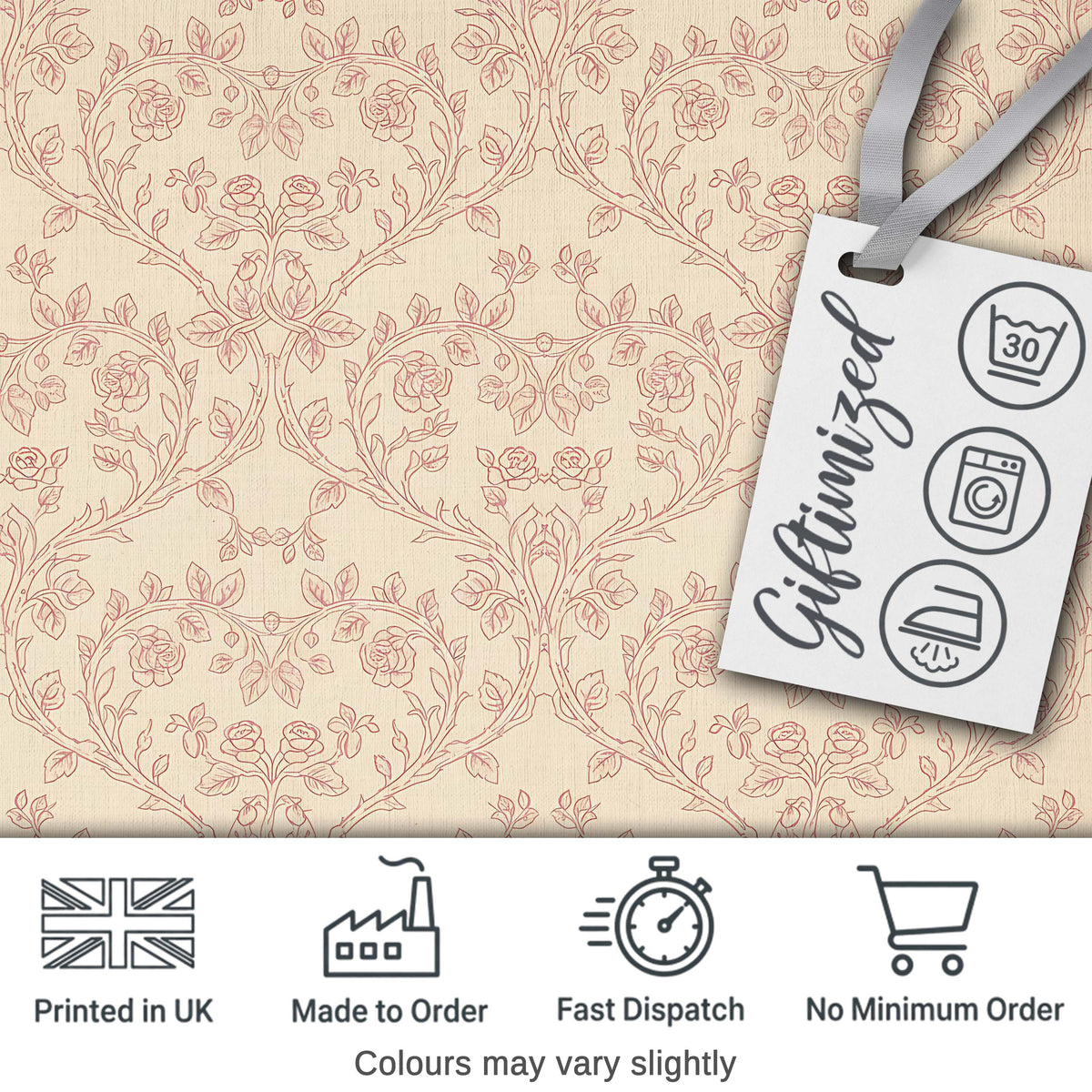 Ornate Rose Heart Vine Romantic Seamless Pattern Digital Print Fabric by the Metre UK Sewing Quilting Textile Design