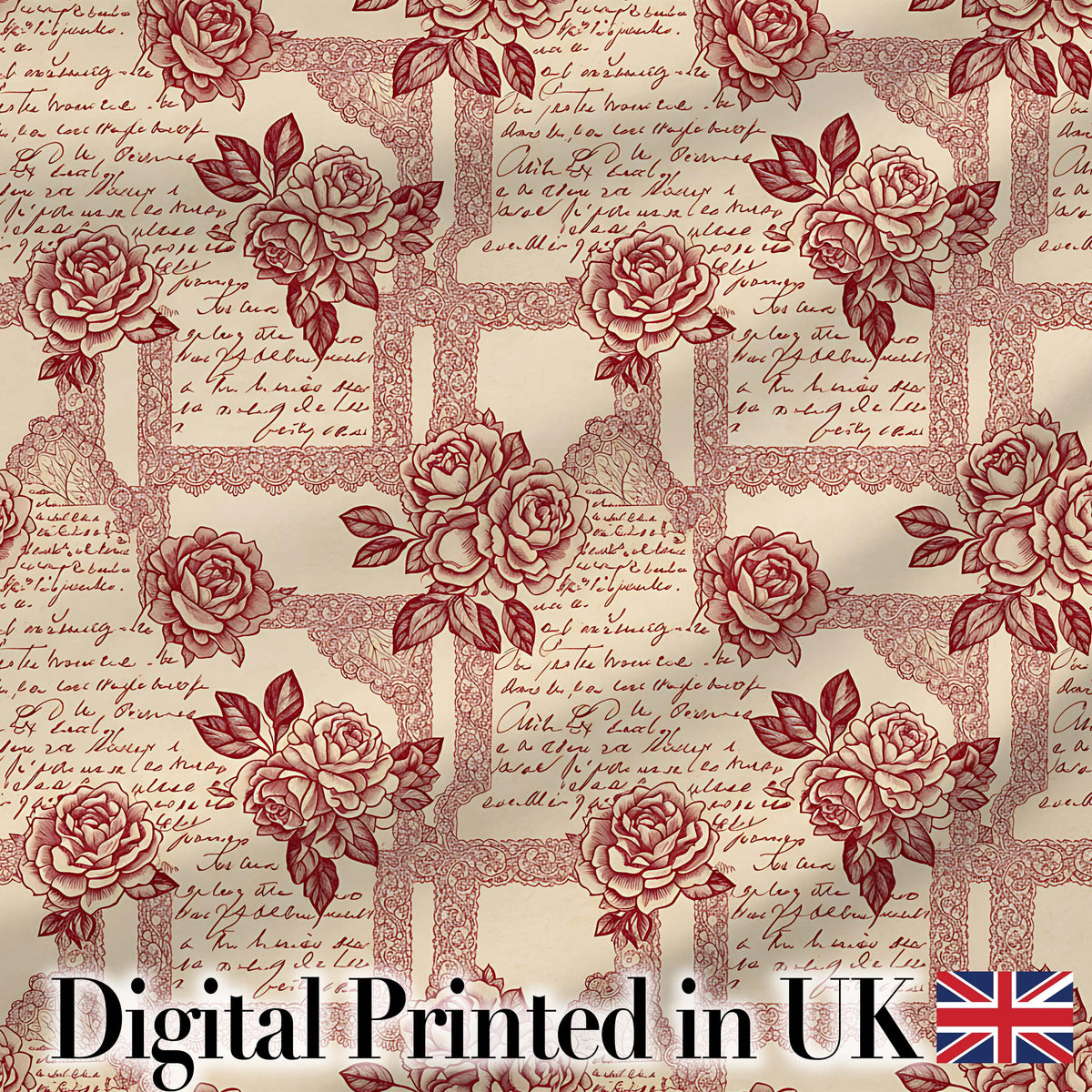 Vintage Rose Script Frame Elegant Seamless Pattern Digital Print Fabric by the Metre UK Sewing Quilting Textile Design