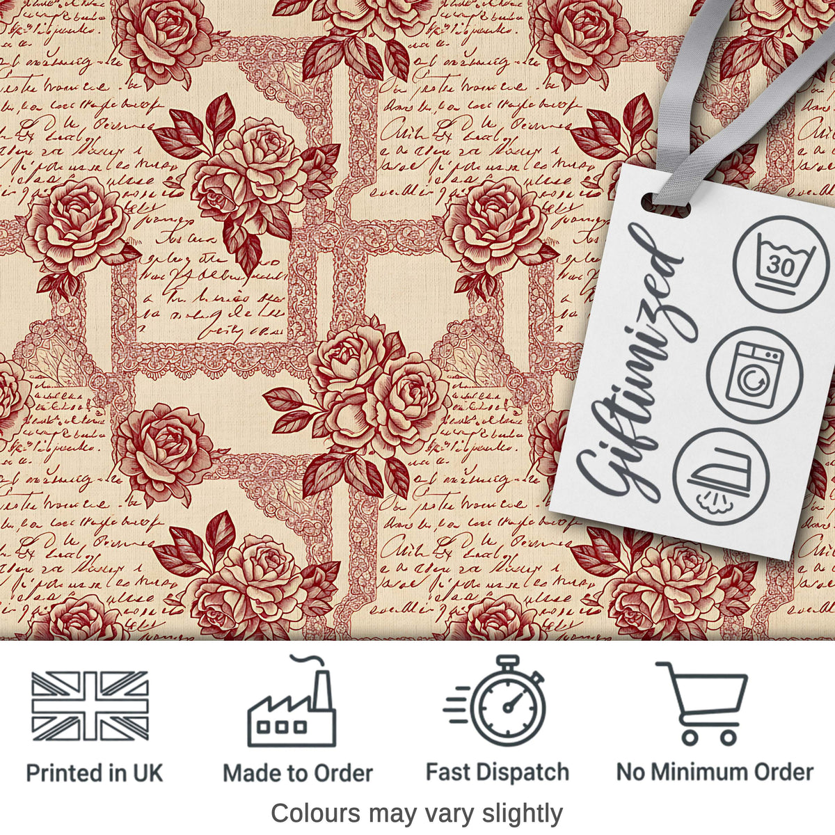 Vintage Rose Script Frame Elegant Seamless Pattern Digital Print Fabric by the Metre UK Sewing Quilting Textile Design