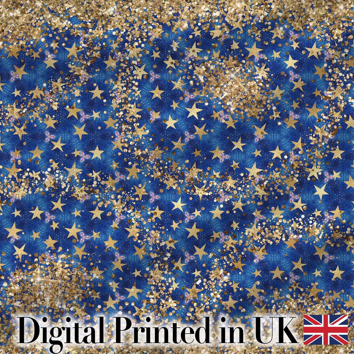 Blue Galaxy Gold Star Glitter Seamless Pattern Digital Print Fabric by the Metre UK Sewing Quilting Textile Design Sparkle