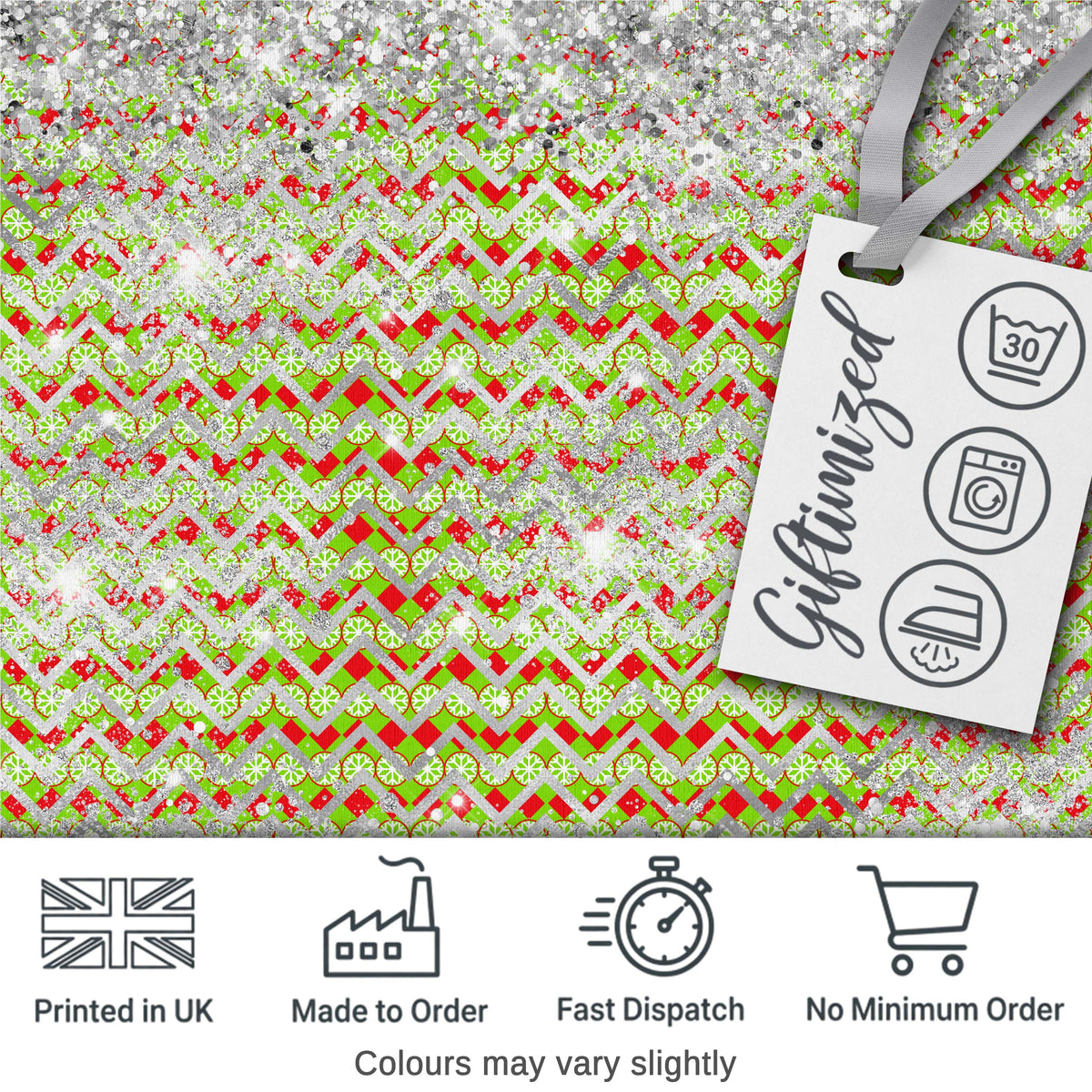 Green Red Chevron Silver Glitter Snow Seamless Pattern Digital Print Fabric by the Metre UK Sewing Quilting Textile Design Winter