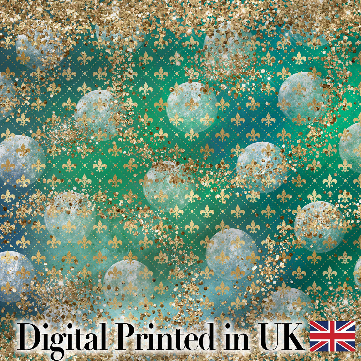 Teal Gold Fleur De Lis Ornament Seamless Pattern Digital Print Fabric by the Metre UK Sewing Quilting Textile Design Elegant Luxe