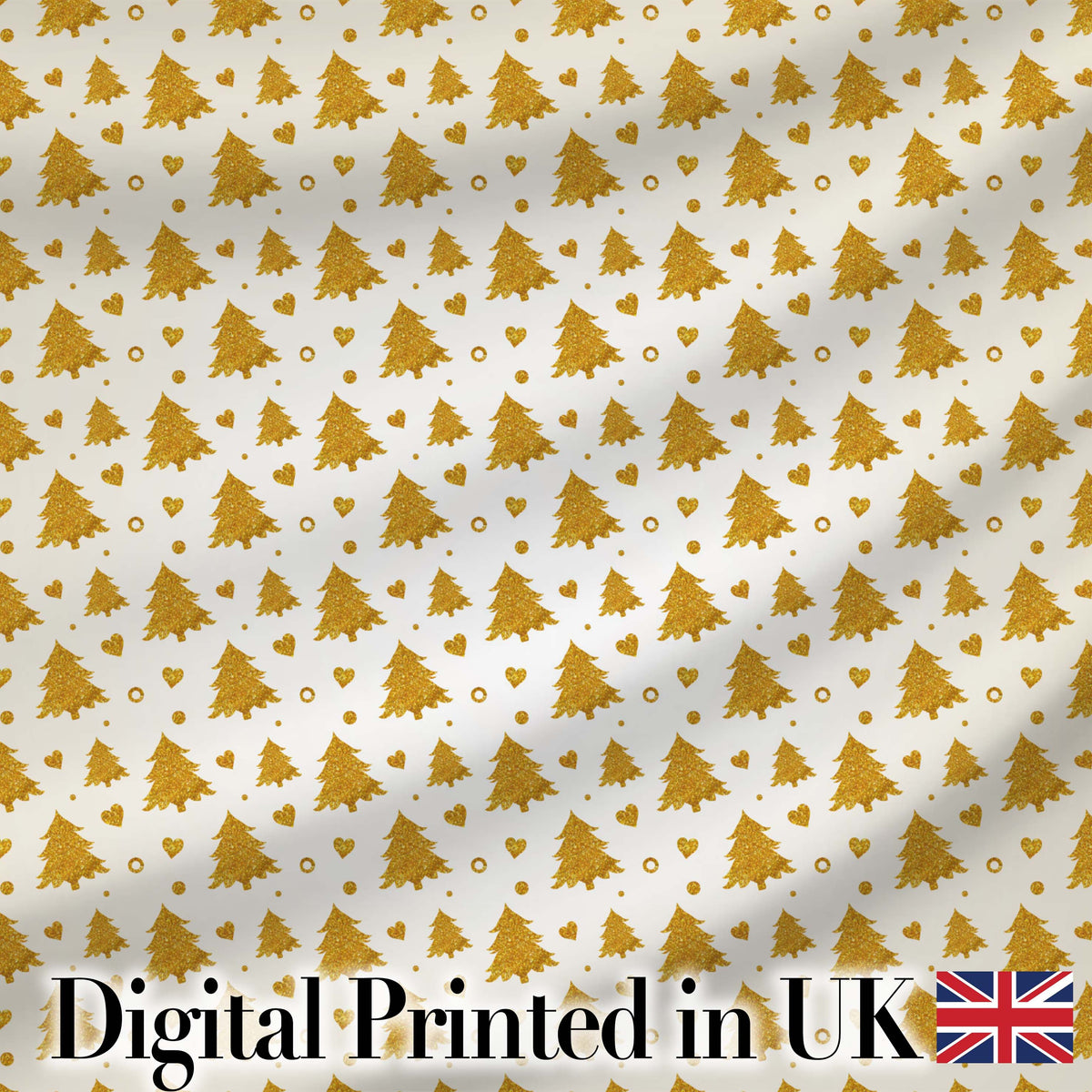 Gold Christmas Tree Heart Seamless Pattern Digital Print Fabric by the Metre UK Sewing Quilting Textile Design Minimal Festive