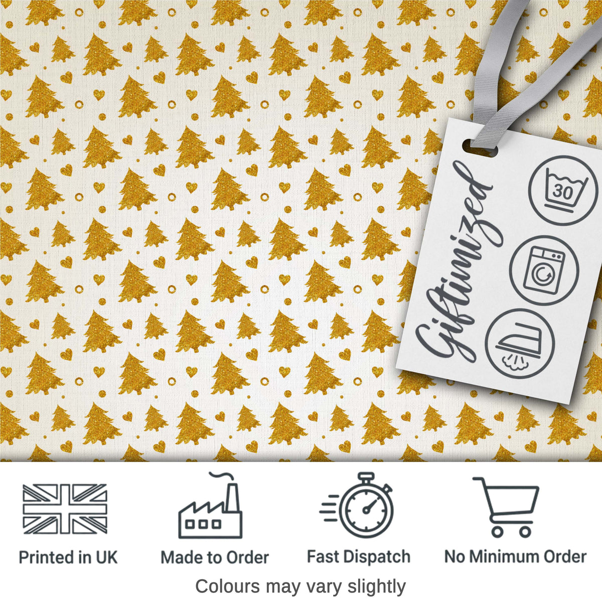 Gold Christmas Tree Heart Seamless Pattern Digital Print Fabric by the Metre UK Sewing Quilting Textile Design Minimal Festive