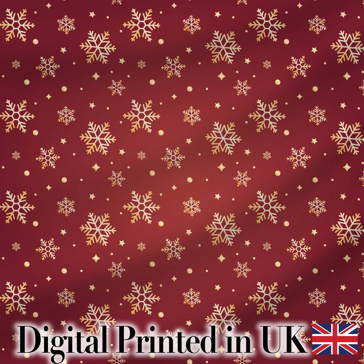 Red Gold Snowflake Star Seamless Pattern Digital Print Fabric by the Metre UK Sewing Quilting Textile Design Elegant Festive Winter