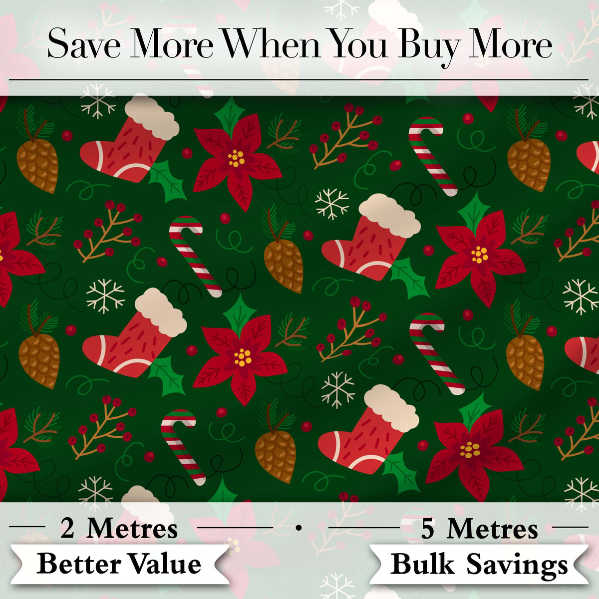 Christmas Stocking Candy Cane Poinsettia Seamless Pattern Digital Print Fabric by the Metre UK Sewing Quilting Textile Design Festive