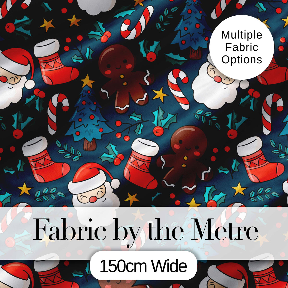 Cute Gingerbread Santa Tree Candy Cane Seamless Pattern Digital Print Fabric by the Metre UK Sewing Quilting Textile Design Kids Festive
