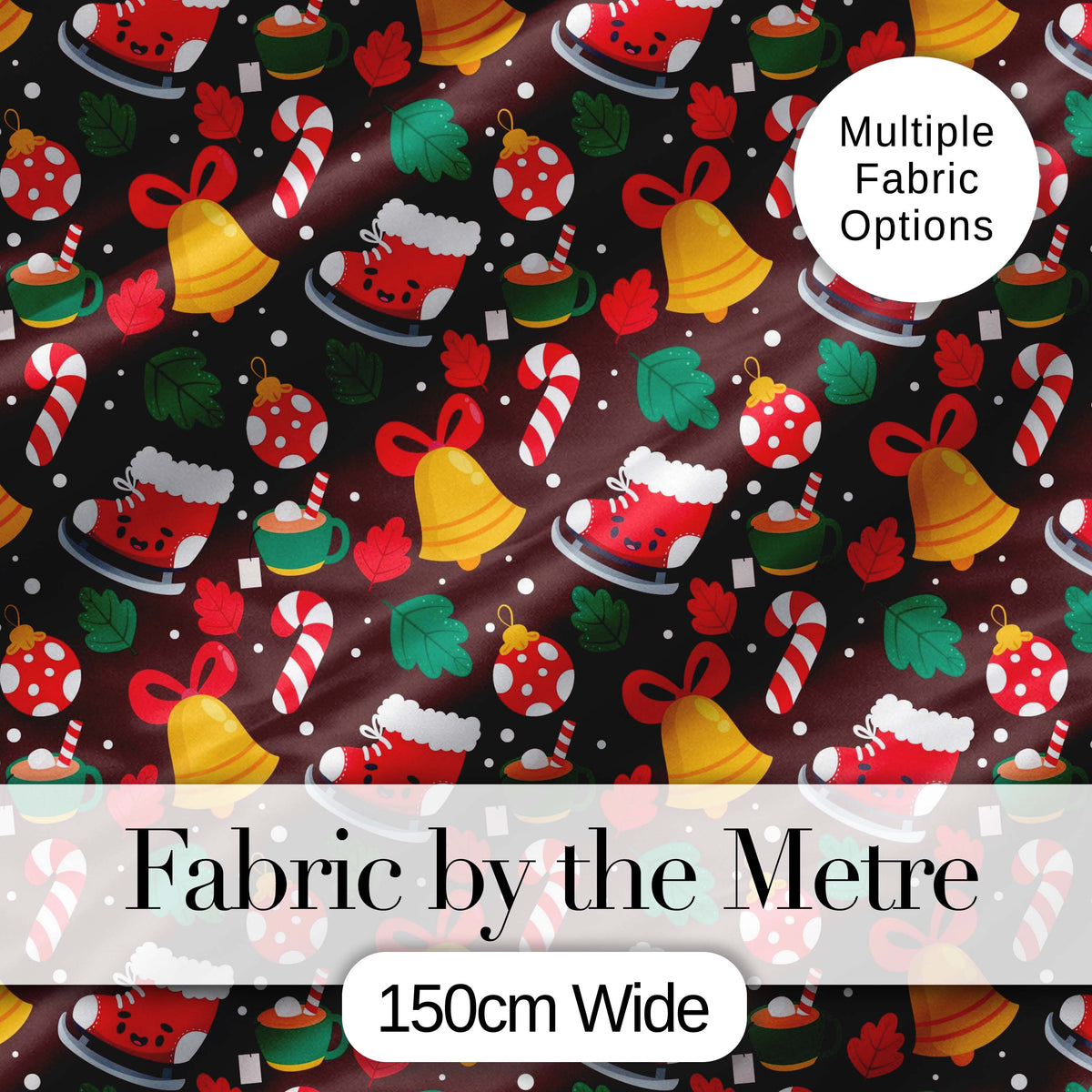 Cute Christmas Bells Skates Candy Cane Seamless Pattern Digital Print Fabric by the Metre UK Sewing Quilting Textile Winter Holiday Fun
