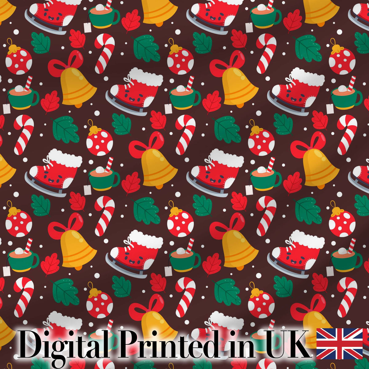Cute Christmas Bells Skates Candy Cane Seamless Pattern Digital Print Fabric by the Metre UK Sewing Quilting Textile Winter Holiday Fun