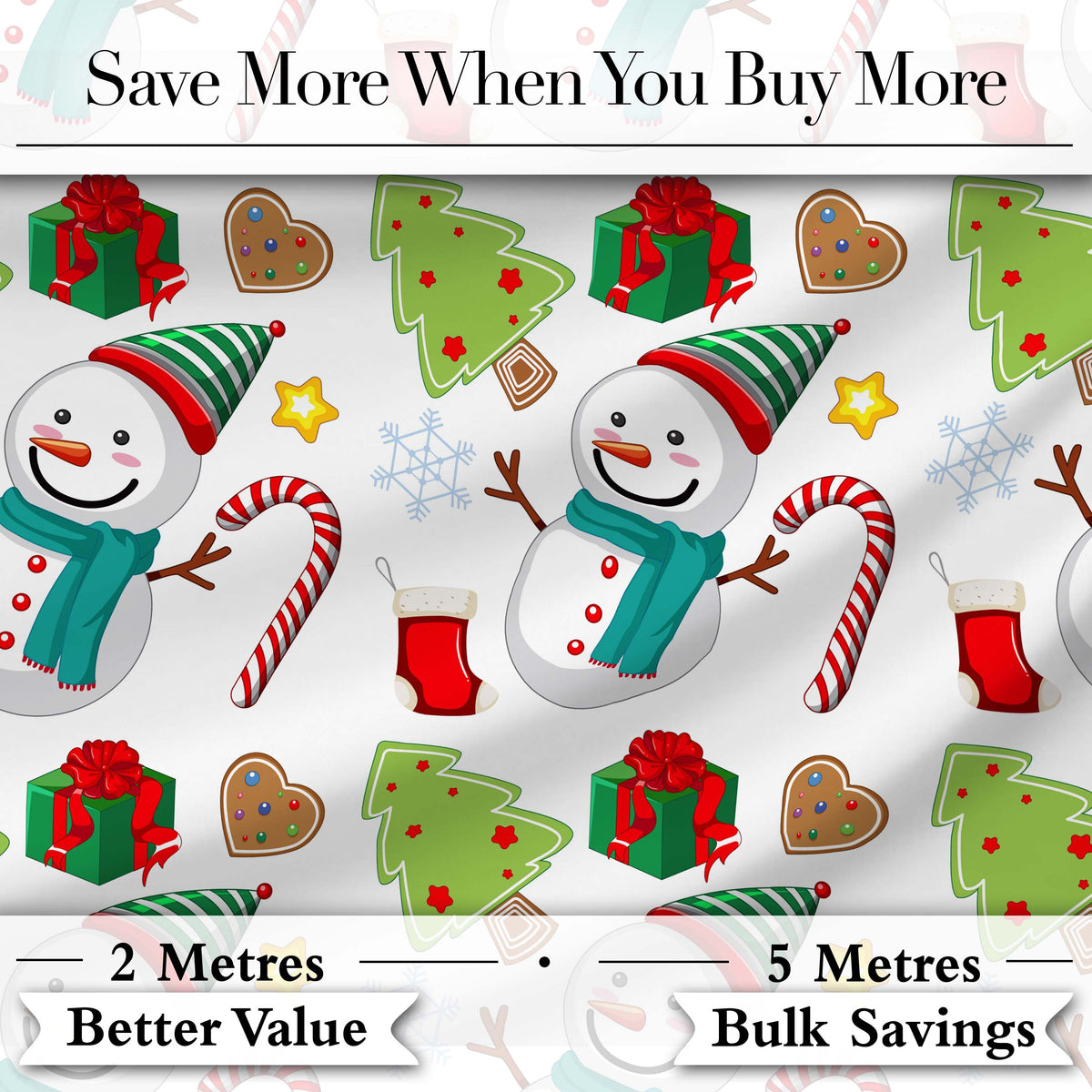 Cute Snowman Candy Cane Gift Tree Seamless Pattern Digital Print Fabric by the Metre UK Sewing Quilting Textile Festive Winter Design