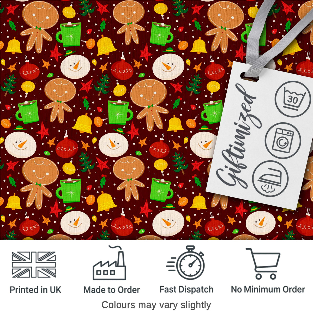 Cute Gingerbread Snowman Mug Ornament Seamless Pattern Digital Print Fabric by the Metre UK Sewing Quilting Textile Christmas Sweet