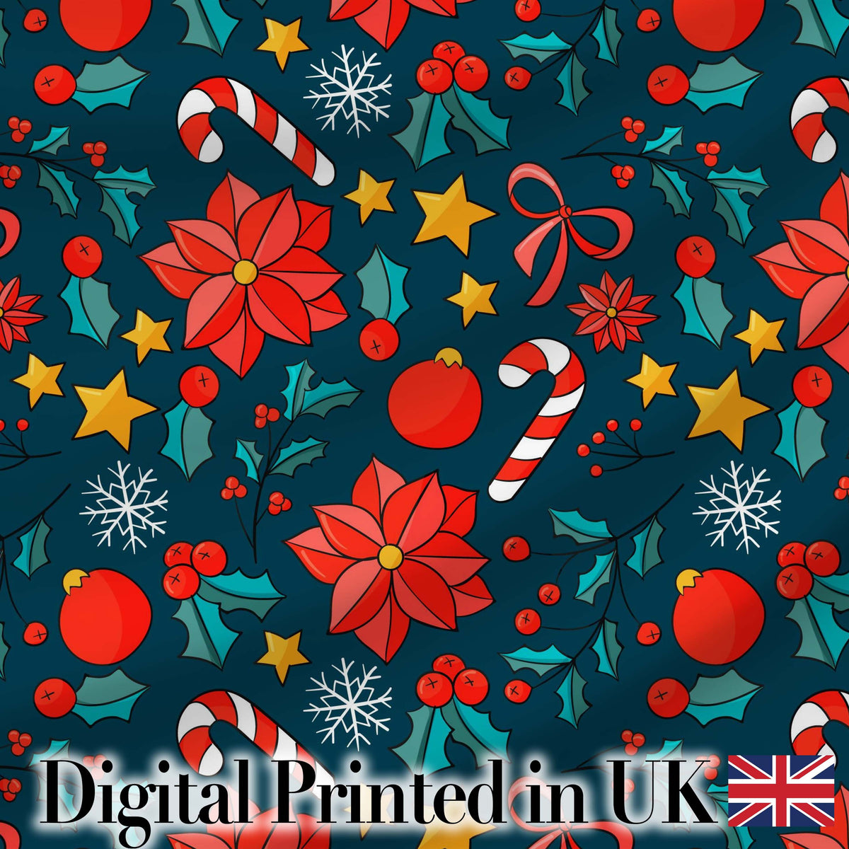Cute Poinsettia Candy Cane Star Seamless Pattern Digital Print Fabric by the Metre UK Sewing Quilting Textile Festive Floral Holiday