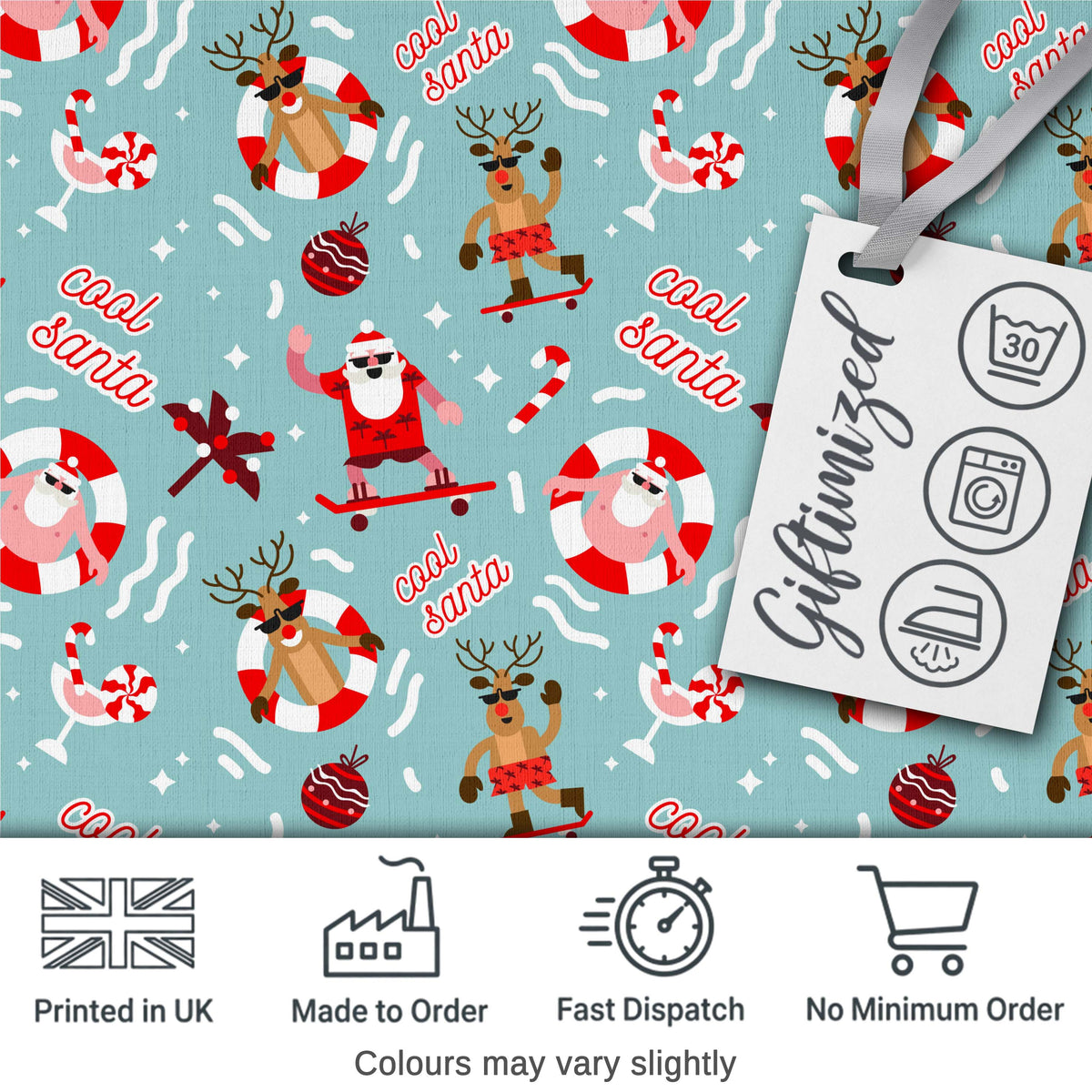 Cool Santa Reindeer Summer Holiday Seamless Pattern Digital Print Fabric by the Metre UK Sewing Quilting Textile Fun Christmas Design