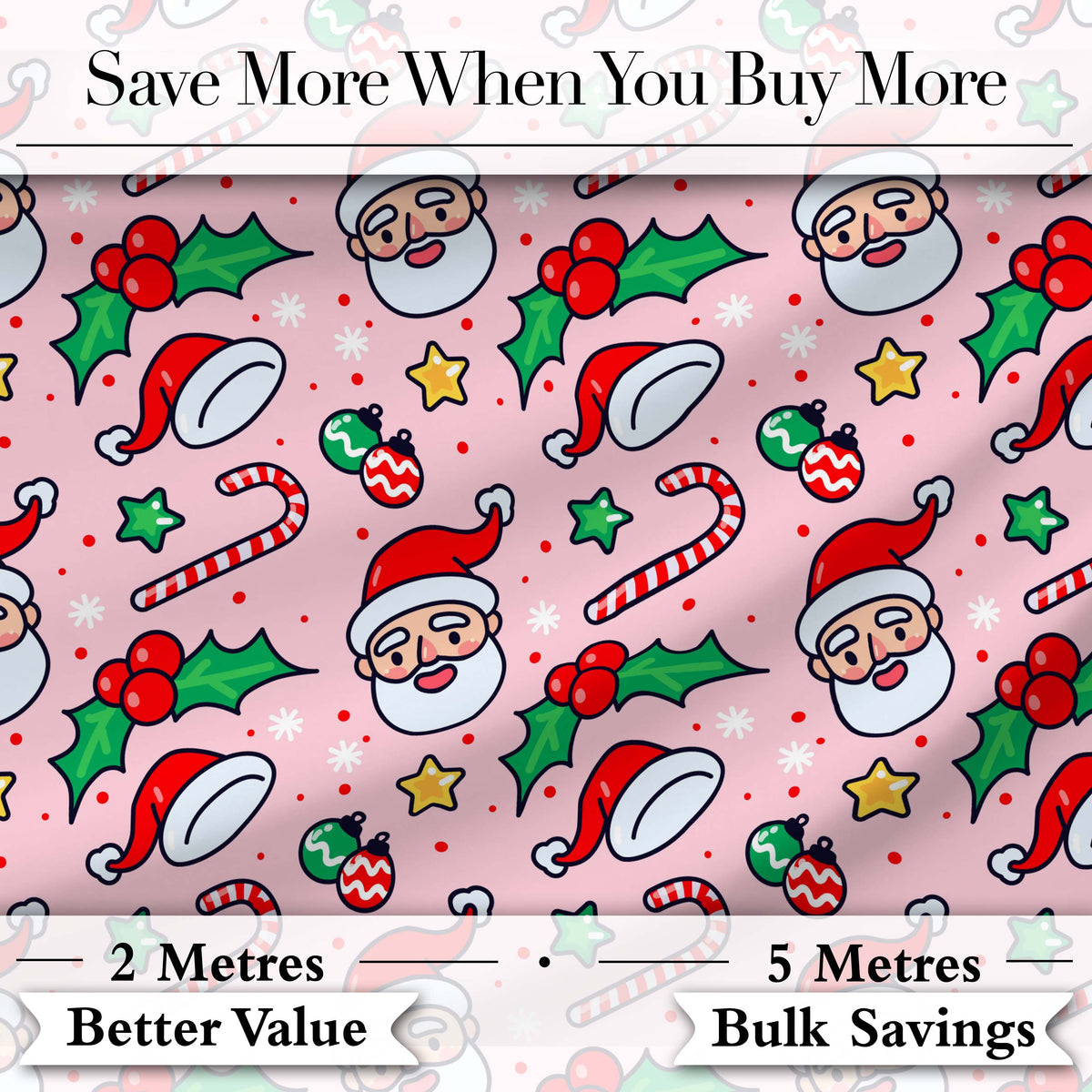 Cute Santa Holly Candy Cane Bauble Seamless Pattern Digital Print Fabric by the Metre UK Sewing Quilting Textile Christmas Holiday Design