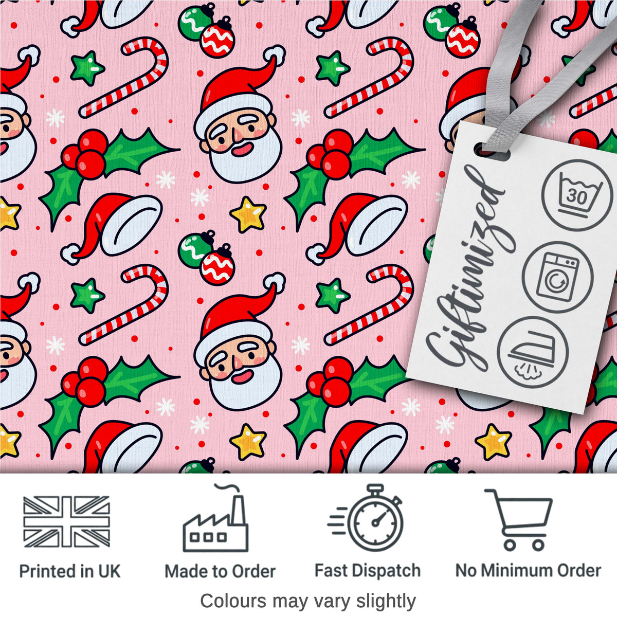 Cute Santa Holly Candy Cane Bauble Seamless Pattern Digital Print Fabric by the Metre UK Sewing Quilting Textile Christmas Holiday Design