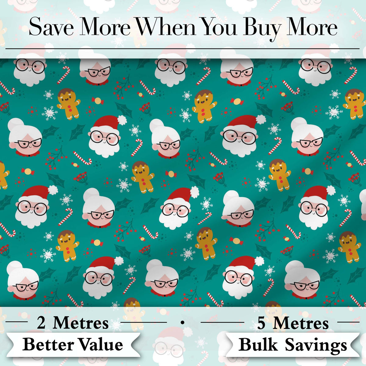 Cute Santa Mrs Claus Gingerbread Seamless Pattern Digital Print Fabric by the Metre UK Sewing Quilting Textile Christmas Family Design