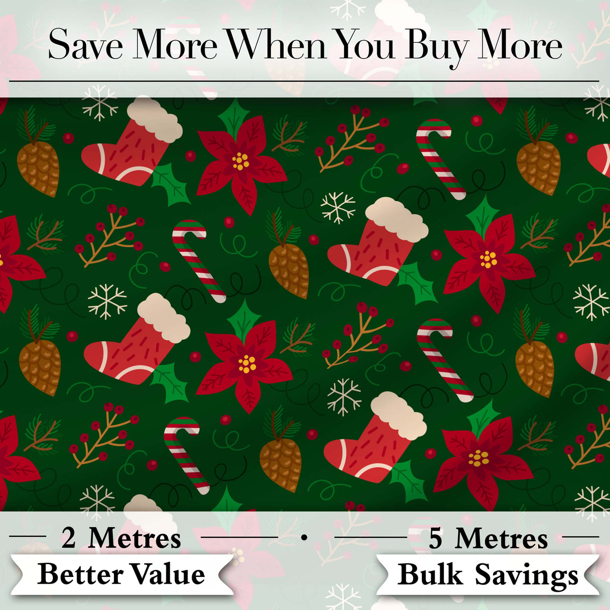Cute Christmas Stocking Candy Cane Pinecone Seamless Pattern Digital Print Fabric by the Metre UK Sewing Quilting Textile Festive Green