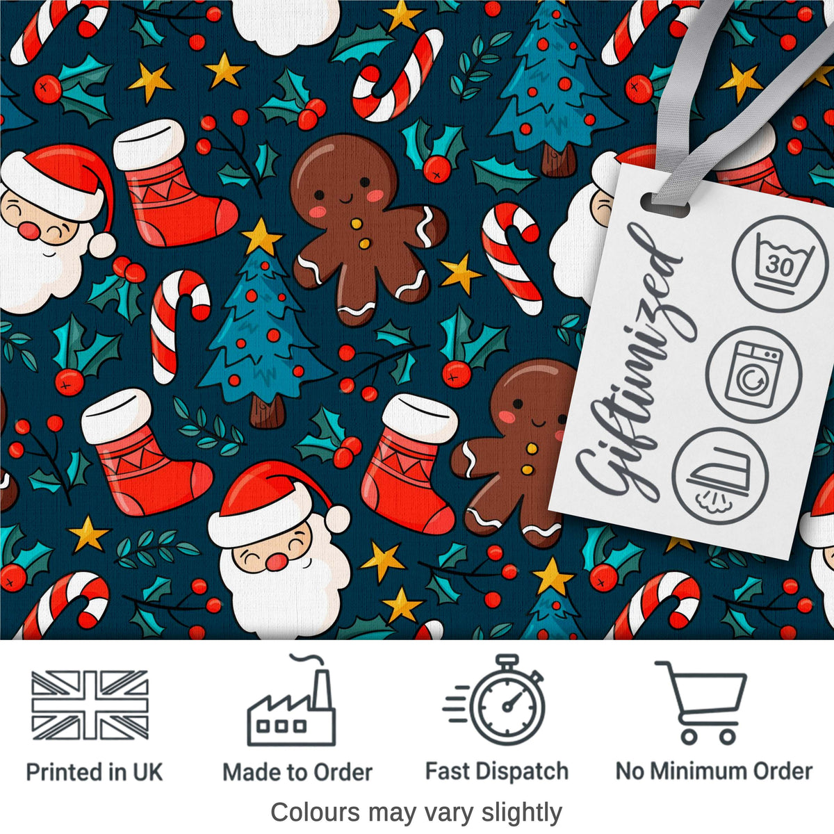 Cute Gingerbread Santa Tree Candy Cane Seamless Pattern Digital Print Fabric by the Metre UK Sewing Quilting Textile Christmas Fabric