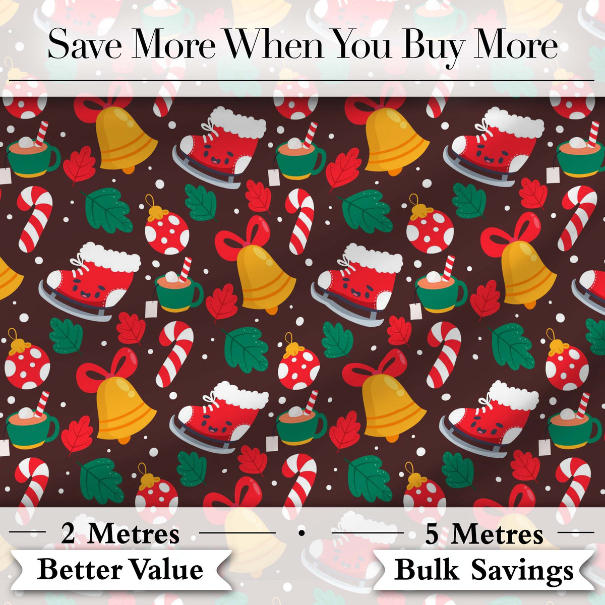 Cute Christmas Ice Skates Bells Candy Canes Mug Winter Seamless Pattern Digital Print Fabric by the Metre UK Sewing Quilting Textile