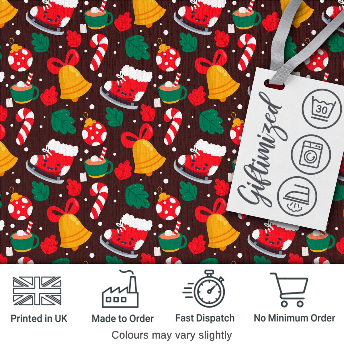 Cute Christmas Ice Skates Bells Candy Canes Mug Winter Seamless Pattern Digital Print Fabric by the Metre UK Sewing Quilting Textile