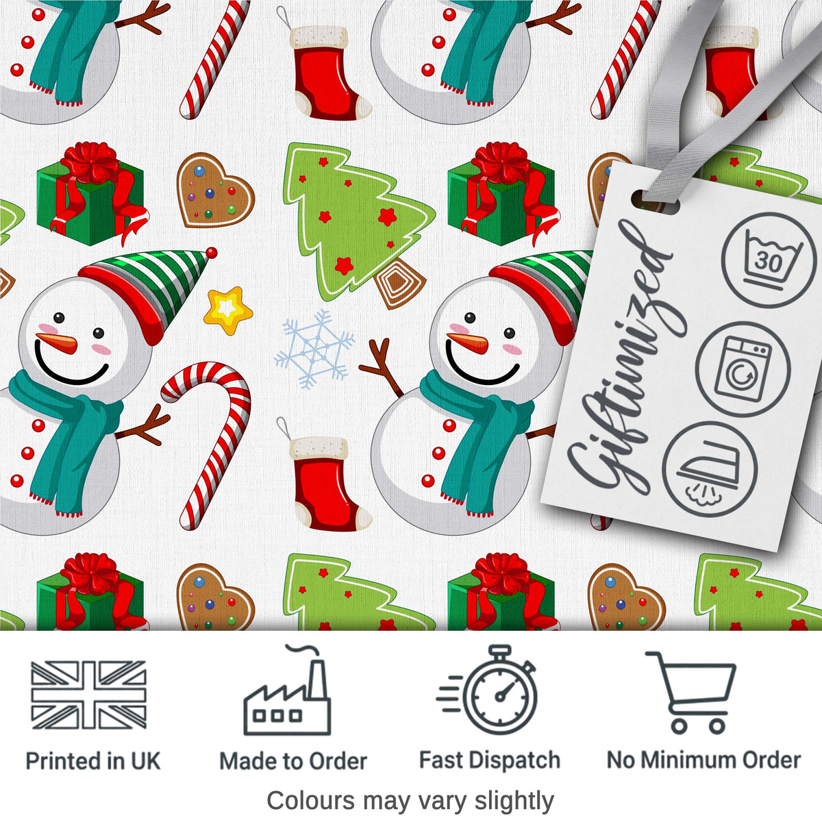 Cute Snowman Candy Cane Christmas Tree Gift Festive Seamless Pattern Digital Print Fabric by the Metre UK Sewing Quilting Textile