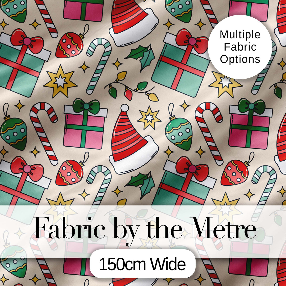 Cute Christmas Gifts Candy Canes Baubles Santa Hat Festive Seamless Pattern Digital Print Fabric by the Metre UK Sewing Quilting Textile
