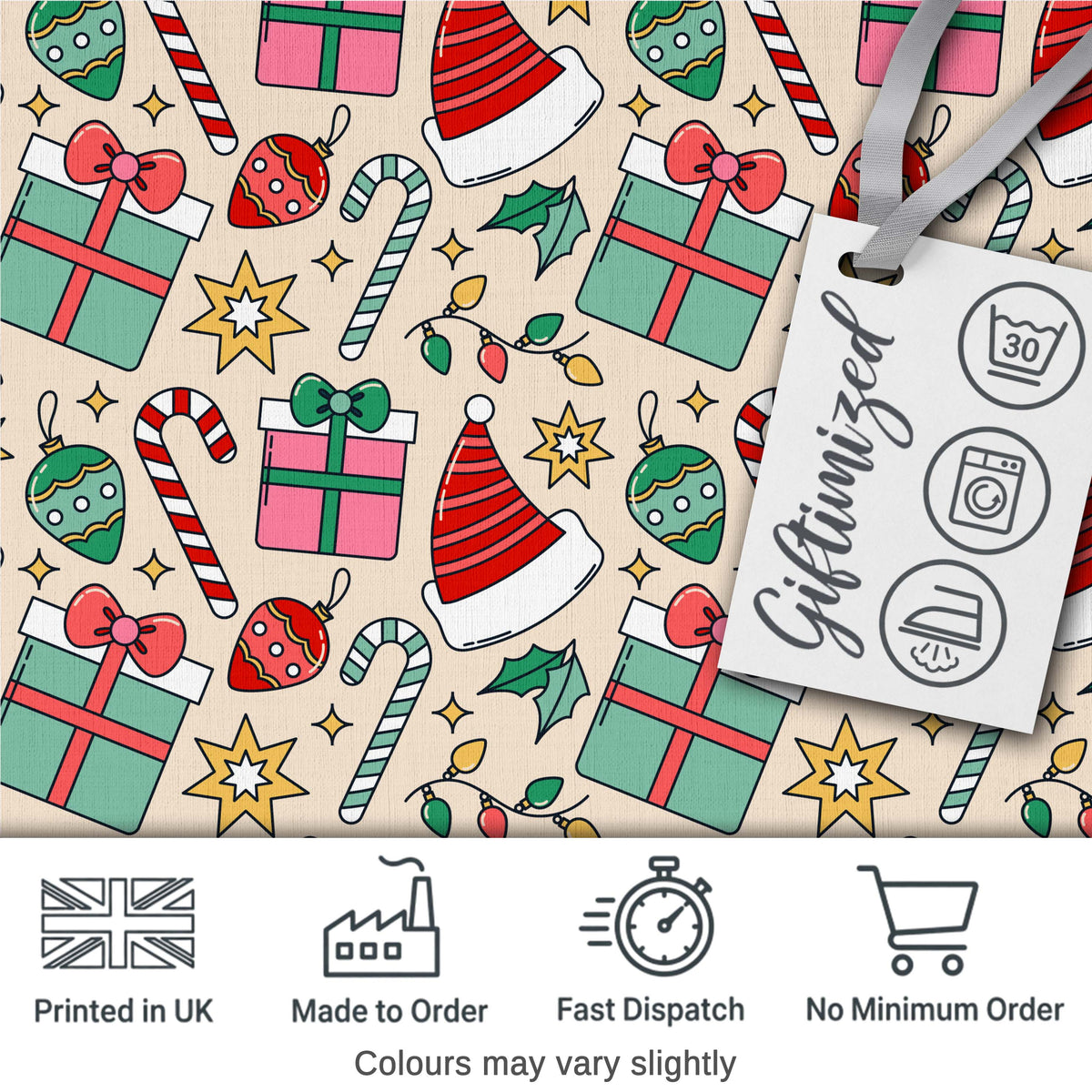 Cute Christmas Gifts Candy Canes Baubles Santa Hat Festive Seamless Pattern Digital Print Fabric by the Metre UK Sewing Quilting Textile
