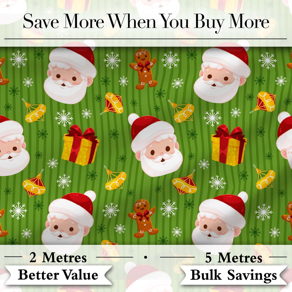 Cute Santa Claus Gingerbread Gift Snowflake Festive Seamless Pattern Digital Print Fabric by the Metre UK Sewing Quilting Textile