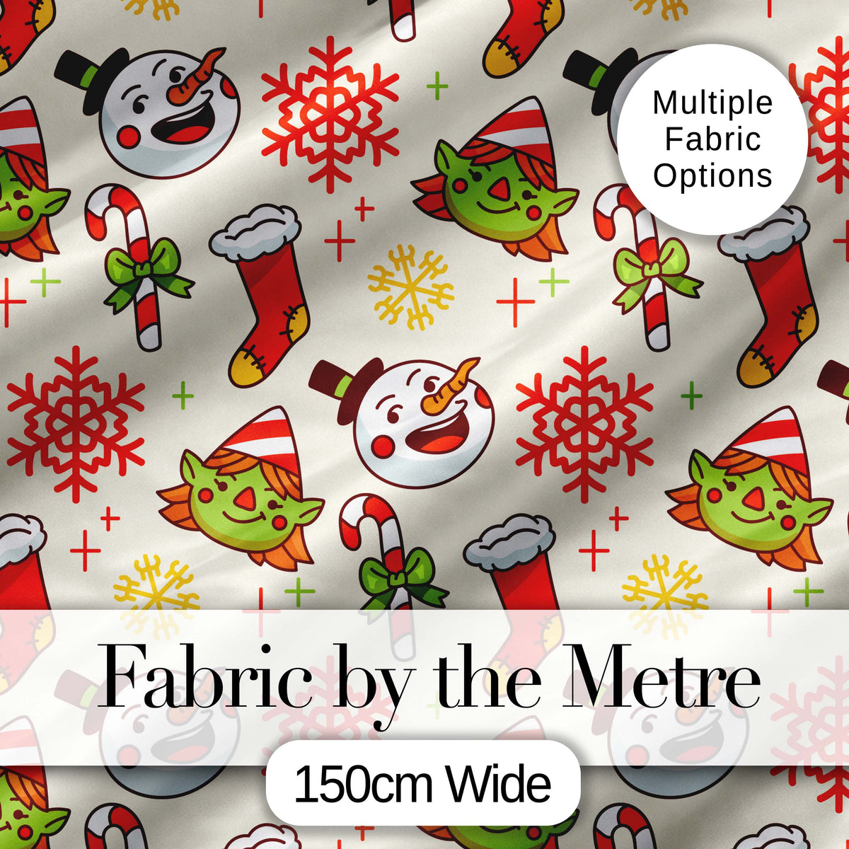 Cute Snowman Elf Candy Cane Christmas Stocking Festive Seamless Pattern Digital Print Fabric by the Metre UK Sewing Quilting Textile