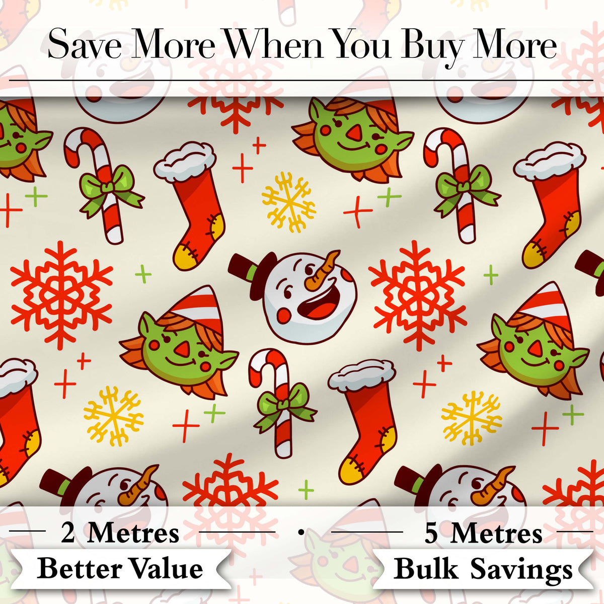Cute Snowman Elf Candy Cane Christmas Stocking Festive Seamless Pattern Digital Print Fabric by the Metre UK Sewing Quilting Textile