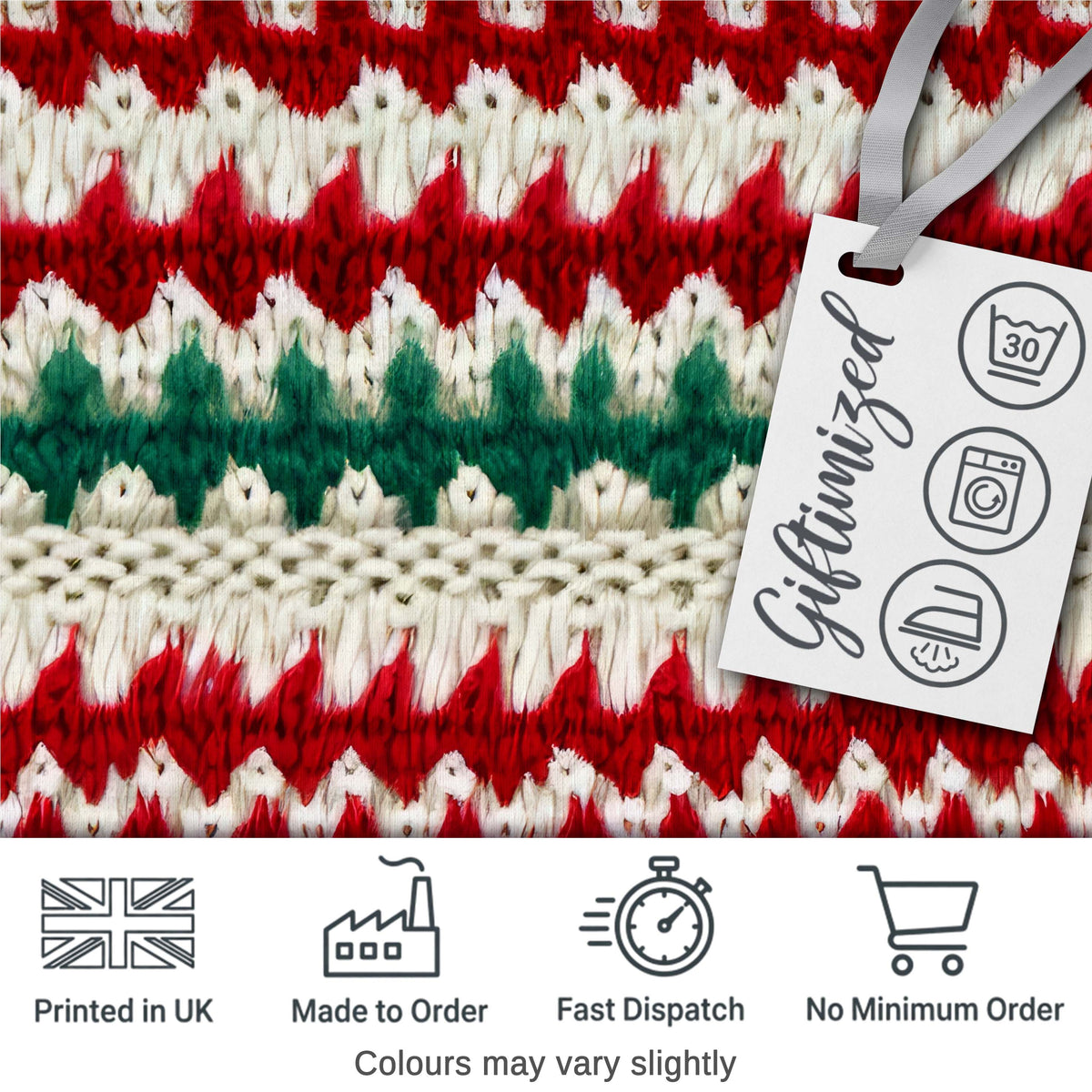 Cute Handmade Wool Knit Red Green White Cozy Seamless Pattern Digital Print Fabric by the Metre UK Sewing Quilting Textile