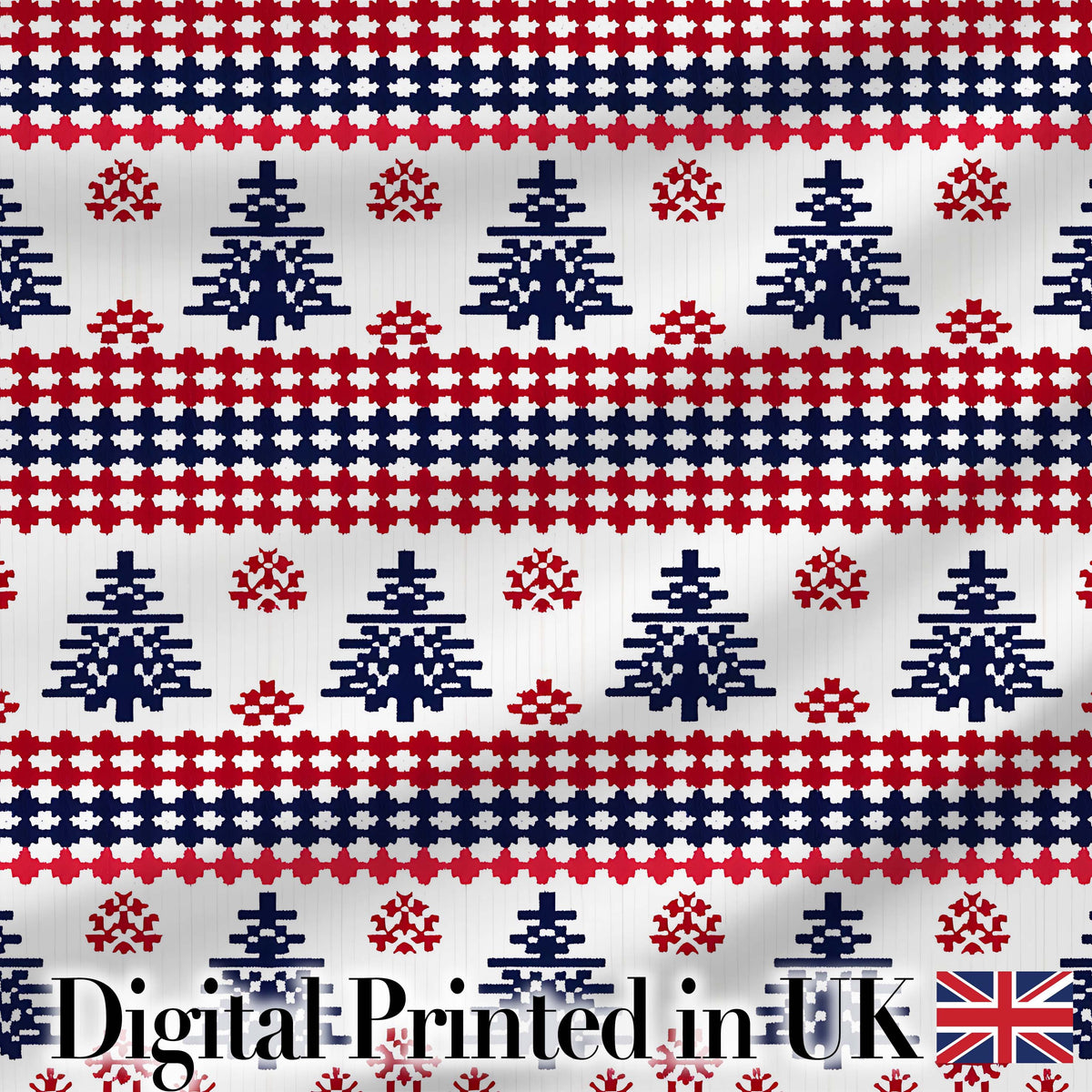 Cute Red White Blue Nordic Christmas Tree Snowflake Seamless Pattern Digital Print Fabric by the Metre UK Sewing Quilting Textile