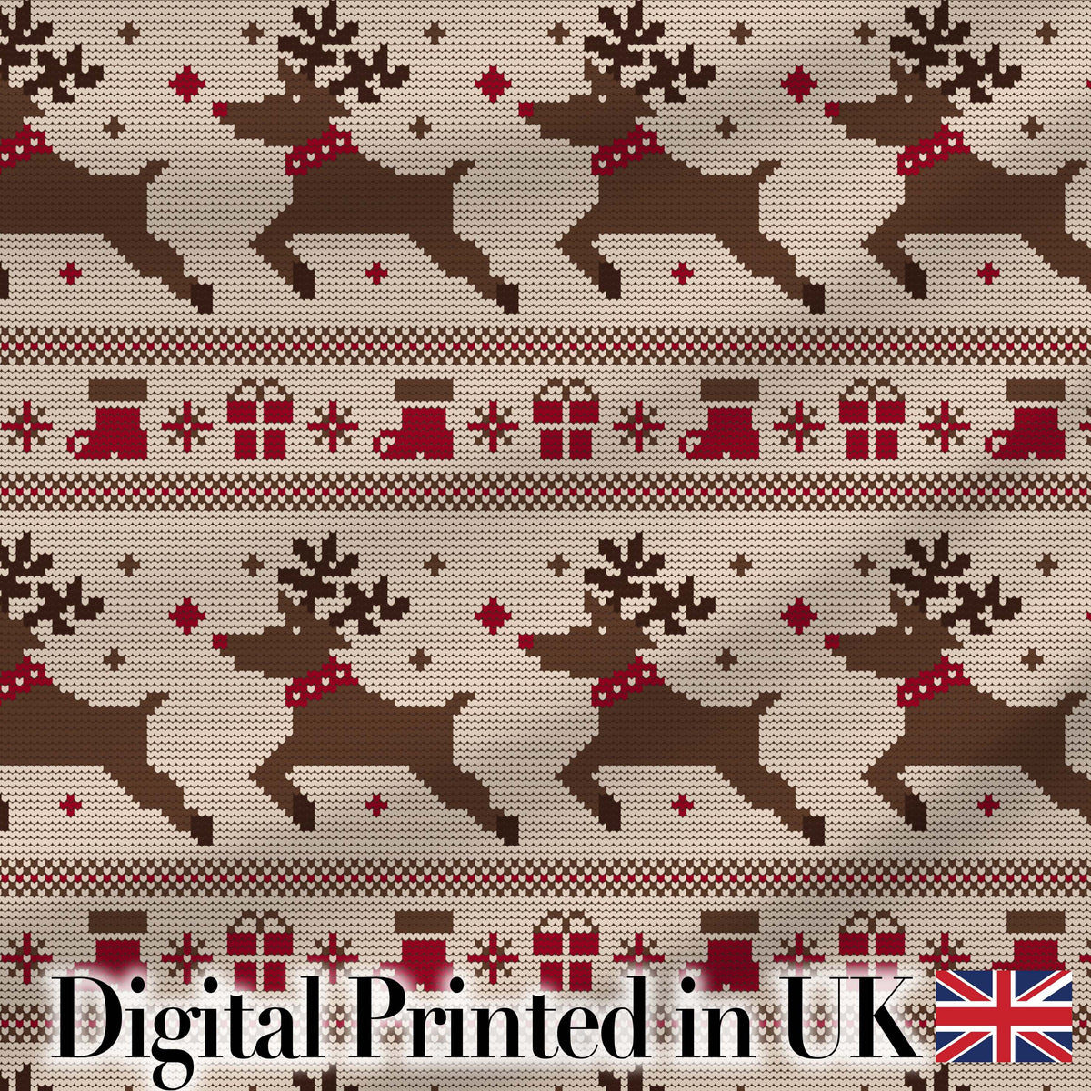 Cute Beige Nordic Reindeer Gift Christmas Knitted Seamless Pattern Digital Print Fabric by the Metre UK Sewing Quilting Textile
