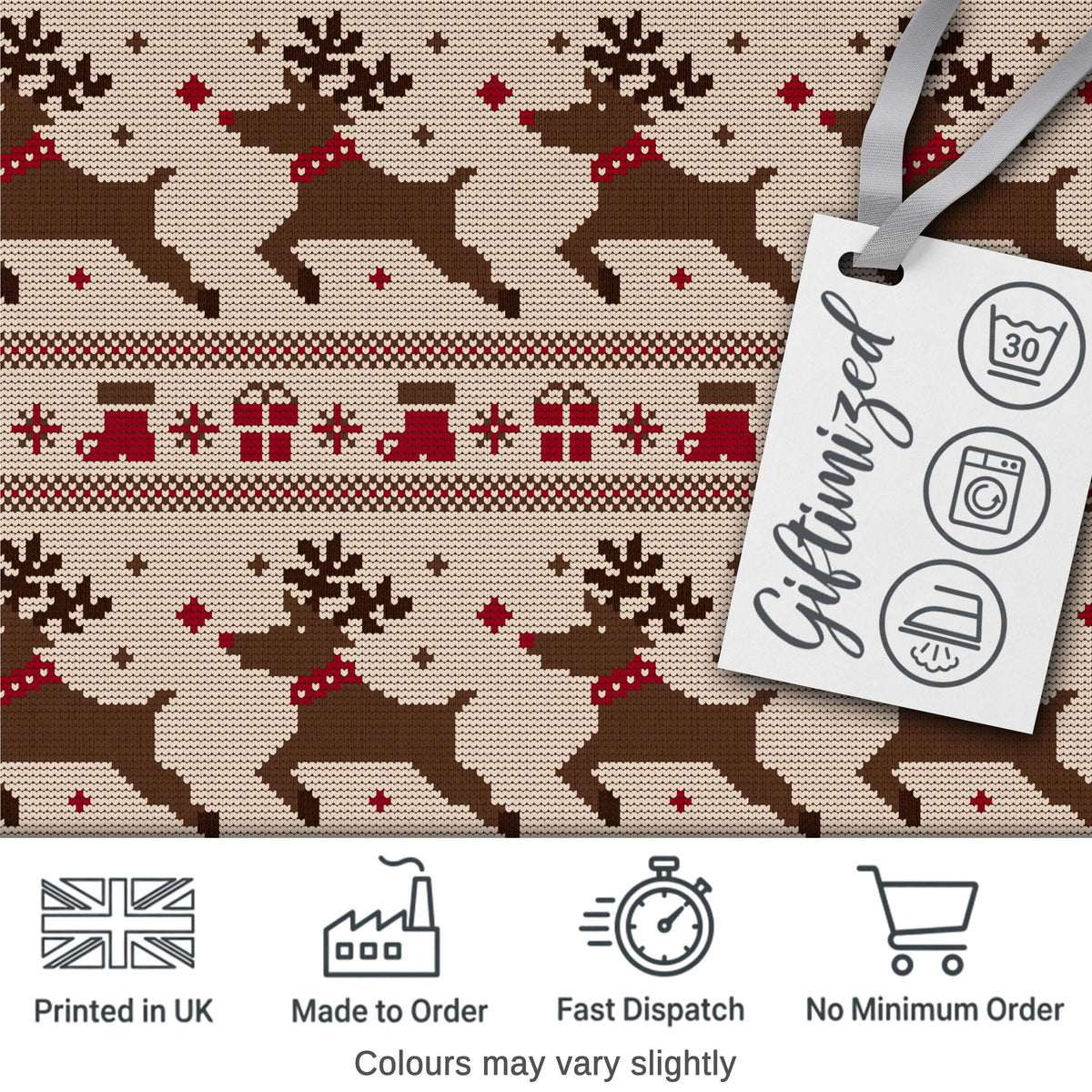 Cute Beige Nordic Reindeer Gift Christmas Knitted Seamless Pattern Digital Print Fabric by the Metre UK Sewing Quilting Textile