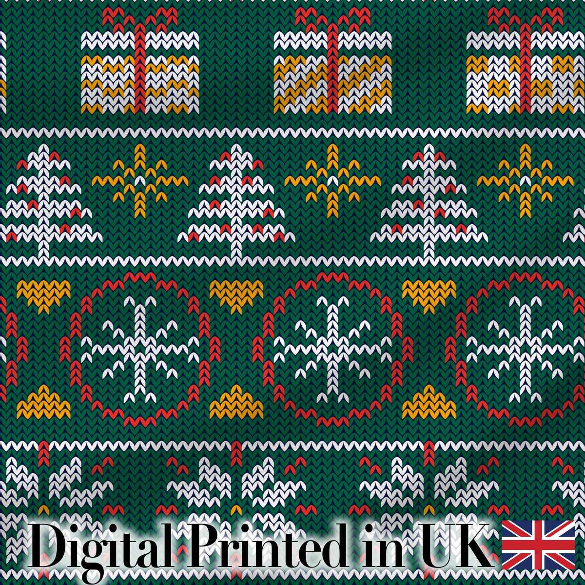 Cute Green Nordic Christmas Tree Snowflake Gift Knitted Seamless Pattern Digital Print Fabric by the Metre UK Sewing Quilting Textile