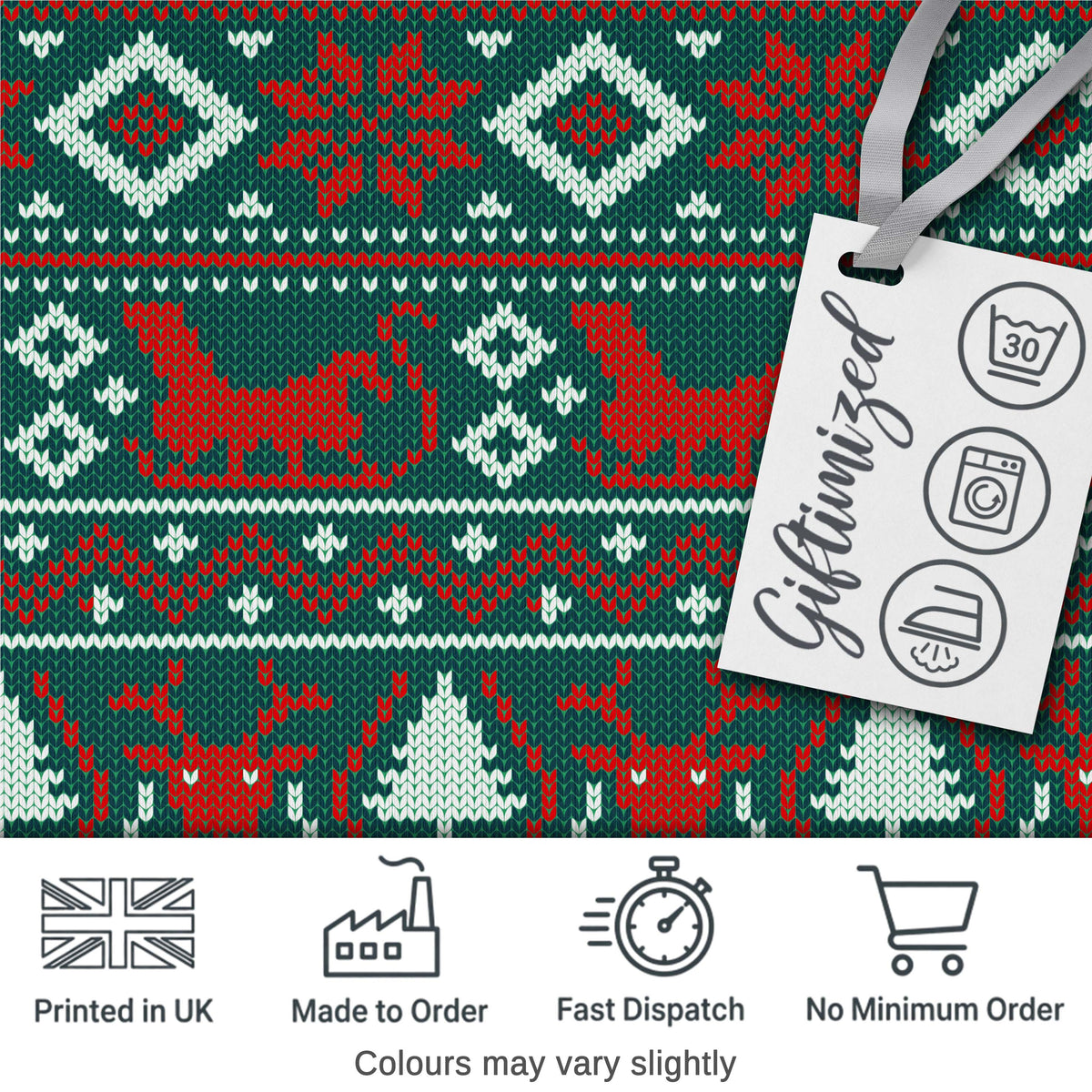 Cute Green Red Nordic Animal Winter Festive Knitted Seamless Pattern Digital Print Fabric by the Metre UK Sewing Quilting Textile