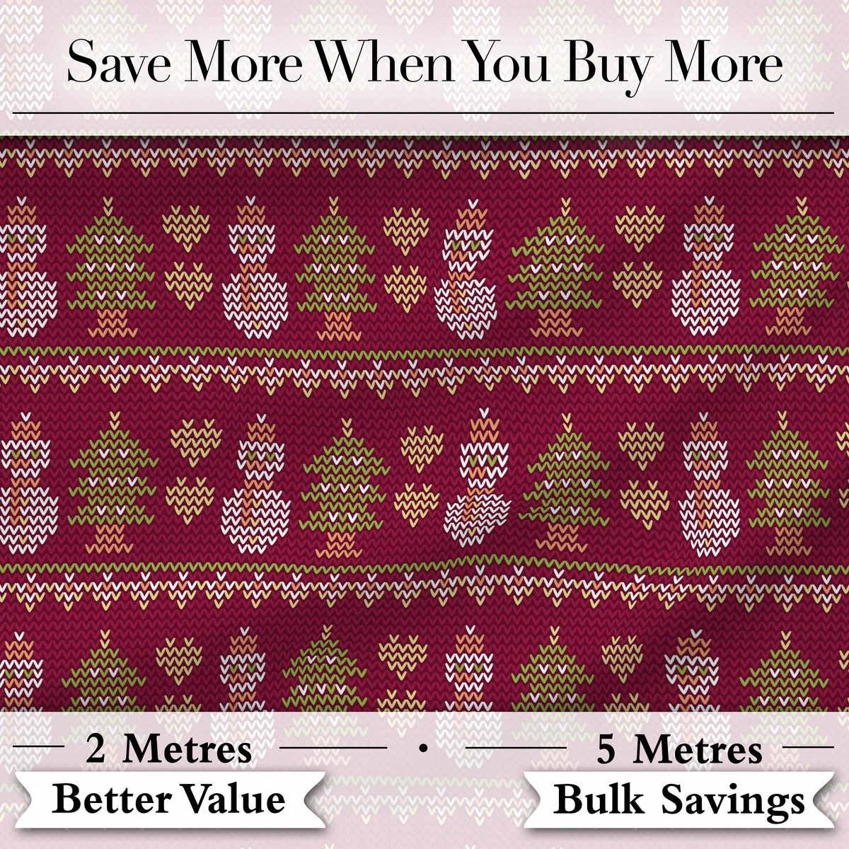 Cute Burgundy Christmas Tree Ornament Nordic Knitted Seamless Pattern Digital Print Fabric by the Metre UK Sewing Quilting Textile