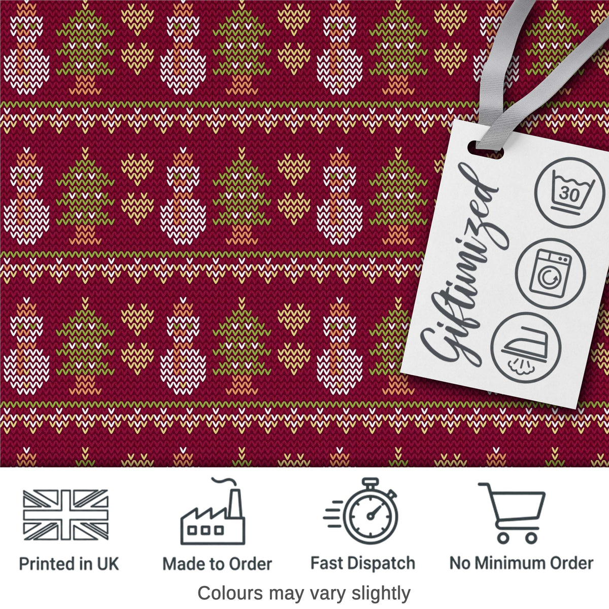 Cute Burgundy Christmas Tree Ornament Nordic Knitted Seamless Pattern Digital Print Fabric by the Metre UK Sewing Quilting Textile