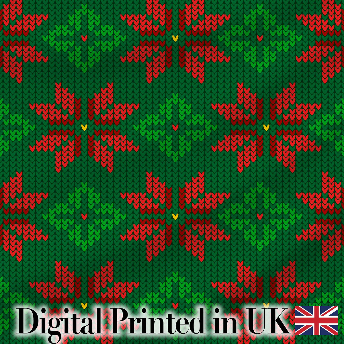 Cute Green Red Nordic Floral Snowflake Winter Knitted Seamless Pattern Digital Print Fabric by the Metre UK Sewing Quilting Textile
