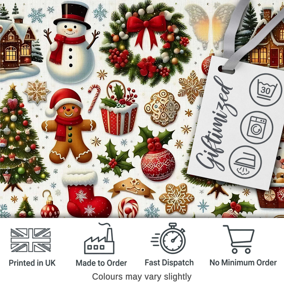 Vintage Christmas Snowman Wreath Gingerbread Tree Seamless Pattern Digital Print Fabric by the Metre UK Sewing Quilting Textile