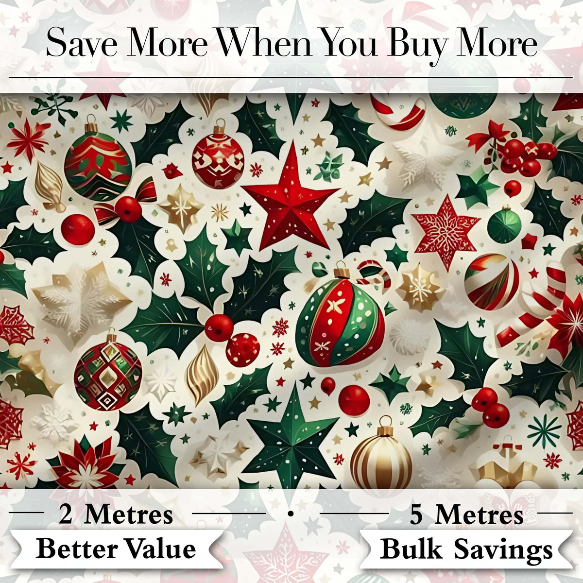 Festive Christmas Stars Ornaments Holly Leaves Seamless Pattern Digital Print Fabric by the Metre UK Sewing Quilting Textile