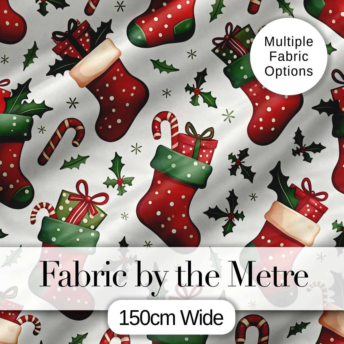 Cute Christmas Stockings Gifts Candy Cane Holly Seamless Pattern Digital Print Fabric by the Metre UK Sewing Quilting Textile