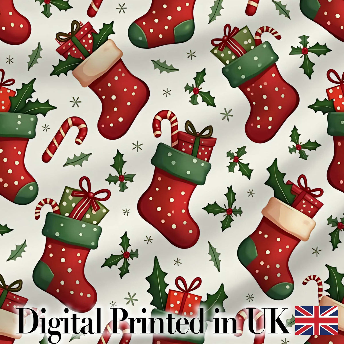 Cute Christmas Stockings Gifts Candy Cane Holly Seamless Pattern Digital Print Fabric by the Metre UK Sewing Quilting Textile