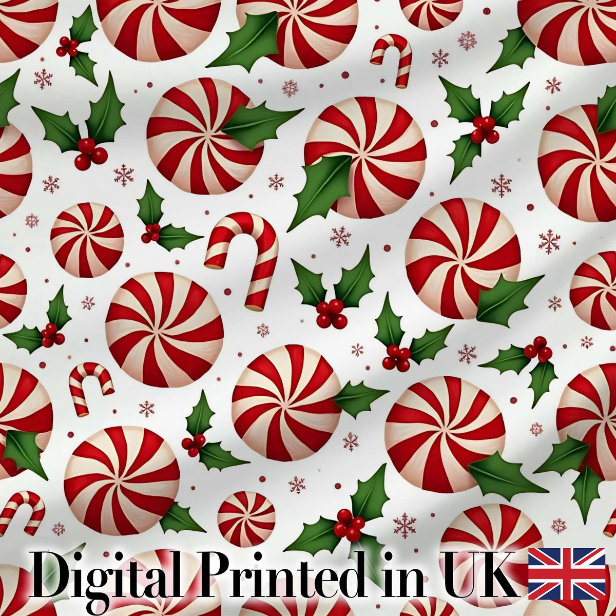 Peppermint Candy Swirl Holly Berry Christmas Seamless Pattern Digital Print Fabric by the Metre UK Sewing Quilting Textile