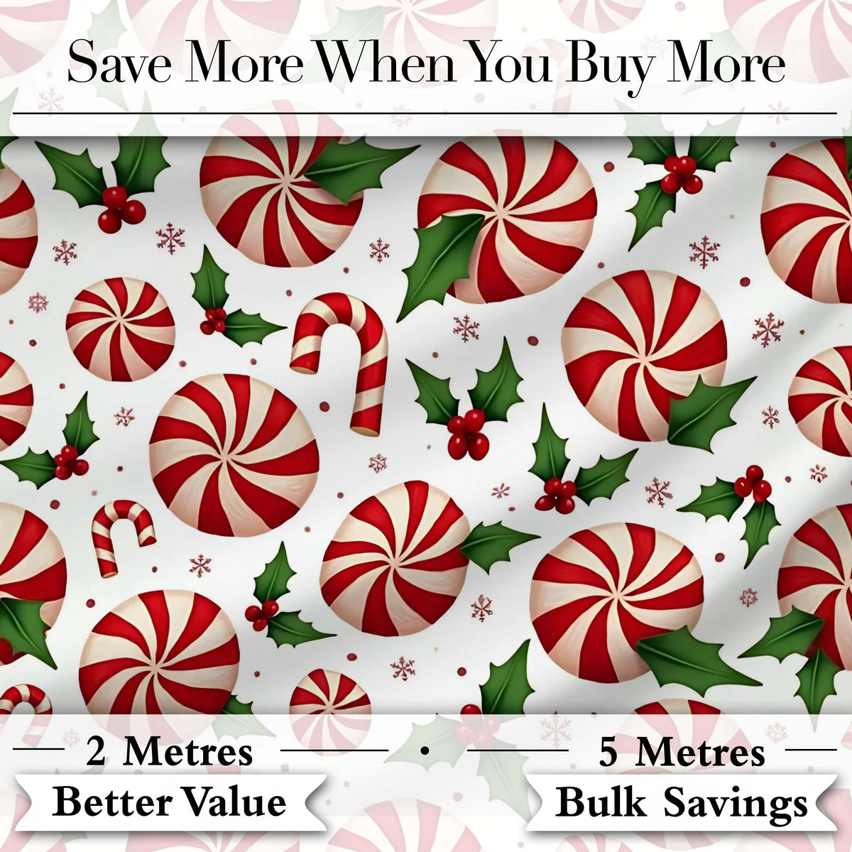 Peppermint Candy Swirl Holly Berry Christmas Seamless Pattern Digital Print Fabric by the Metre UK Sewing Quilting Textile