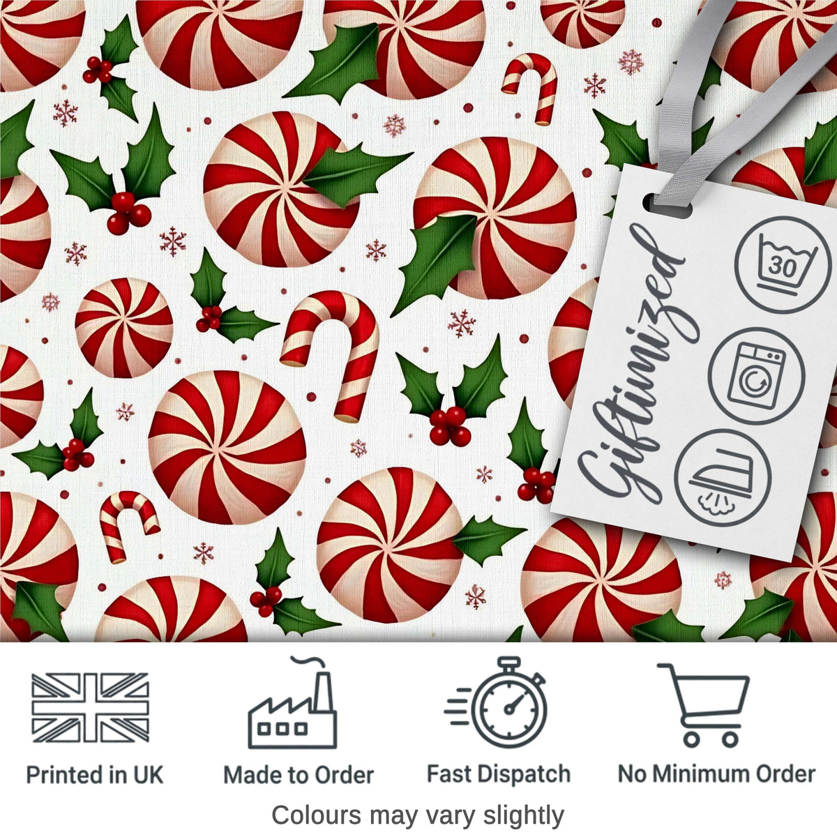 Peppermint Candy Swirl Holly Berry Christmas Seamless Pattern Digital Print Fabric by the Metre UK Sewing Quilting Textile