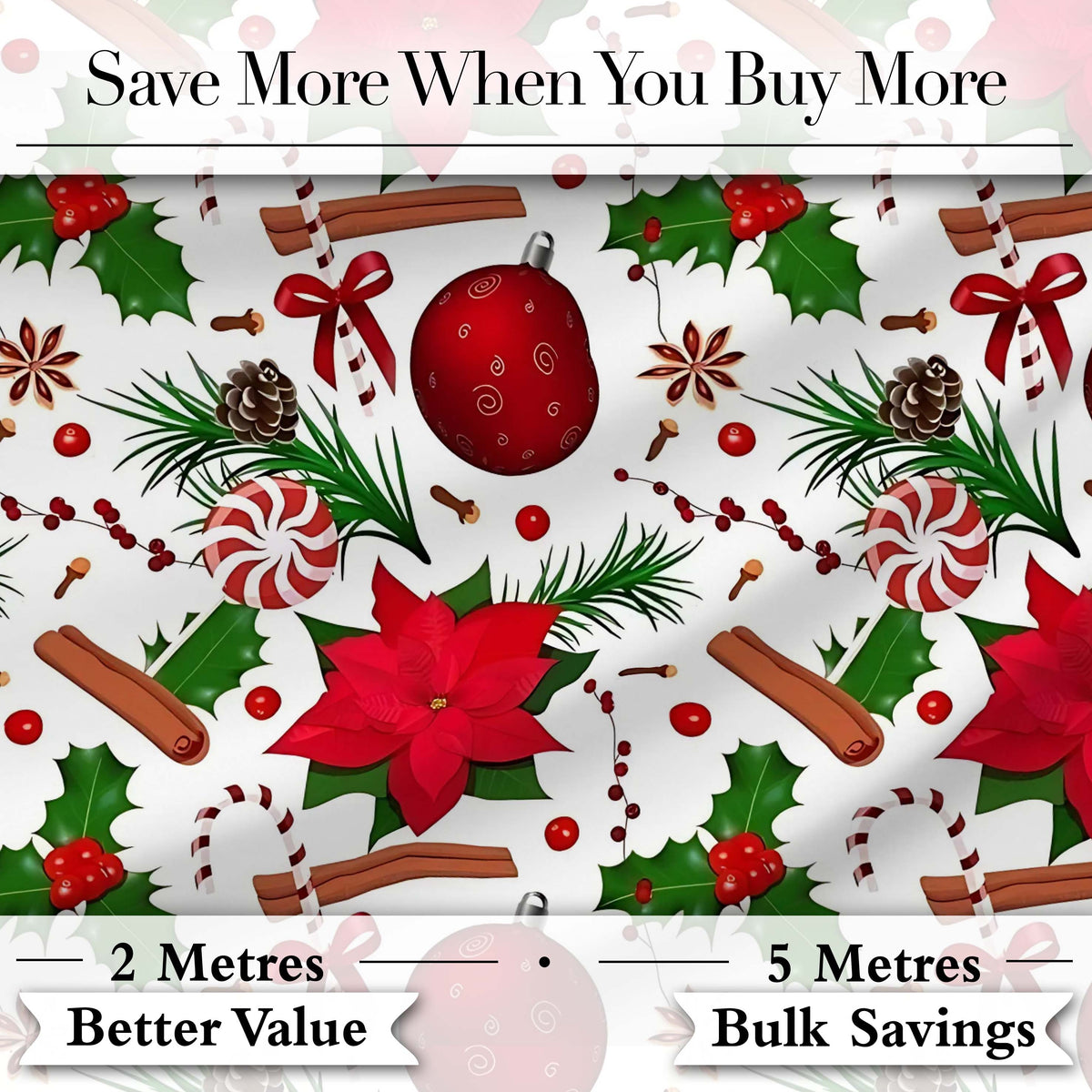 Christmas Poinsettia Candy Cane Holly Berry Ornament Seamless Pattern Digital Print Fabric by the Metre UK Sewing Quilting Textile
