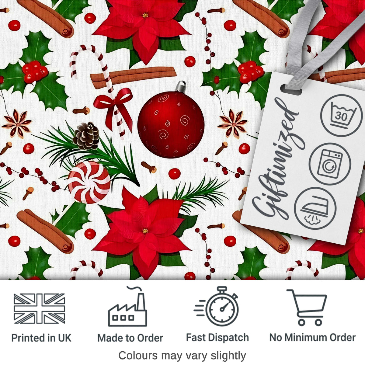 Christmas Poinsettia Candy Cane Holly Berry Ornament Seamless Pattern Digital Print Fabric by the Metre UK Sewing Quilting Textile