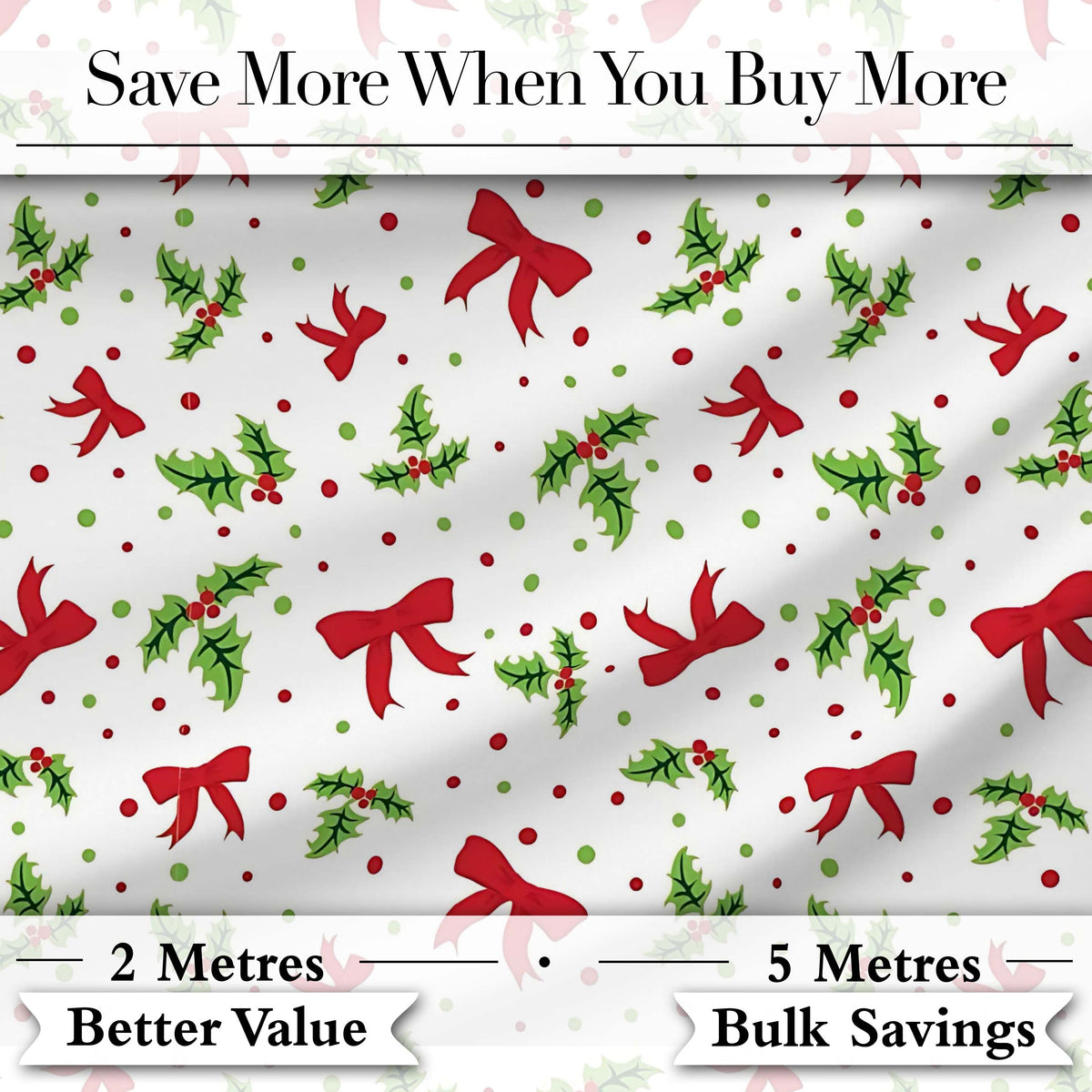 Festive Holly Leaves Red Bows Polka Dot Christmas Seamless Pattern Digital Print Fabric by the Metre UK Sewing Quilting Textile