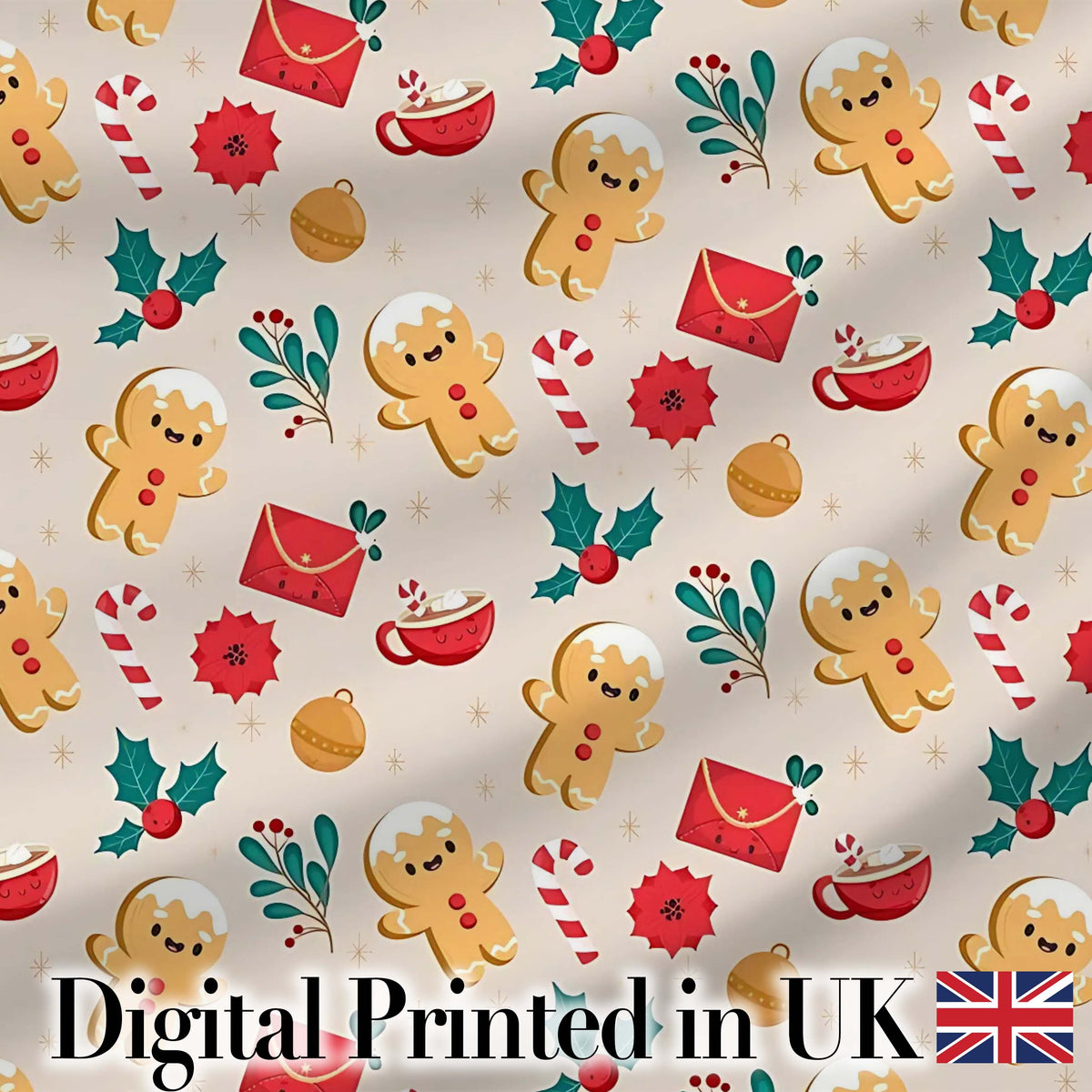 Cute Gingerbread Cookies Cocoa Candy Cane Christmas Seamless Pattern Digital Print Fabric by the Metre UK Sewing Quilting Textile